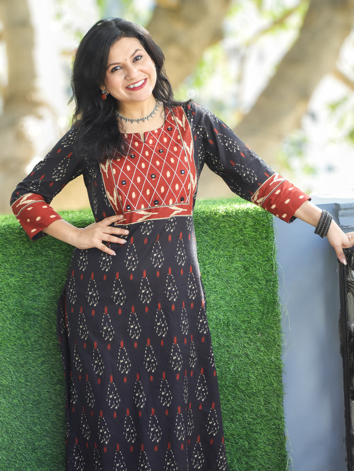 Kesariya Faded Black with Barn Rust Yoke with Mirror Work Ikkat Printed Cotton Kurti