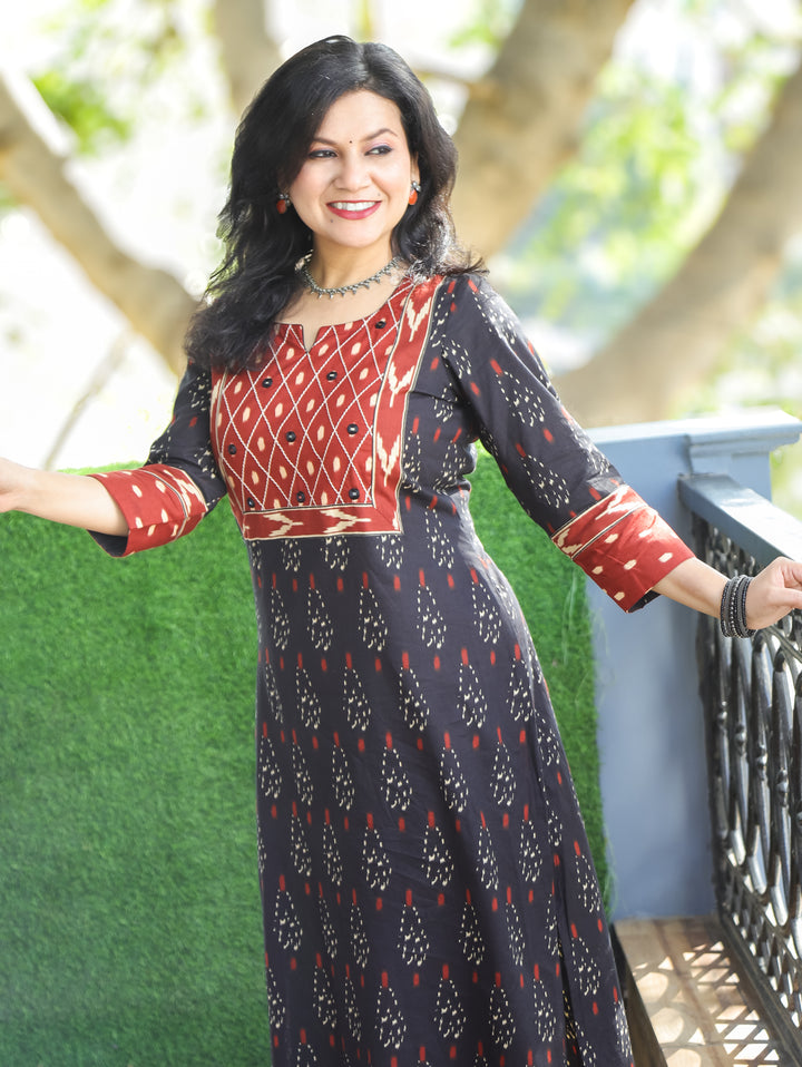 Kesariya Faded Black with Barn Rust Yoke with Mirror Work Ikkat Printed Cotton Kurti