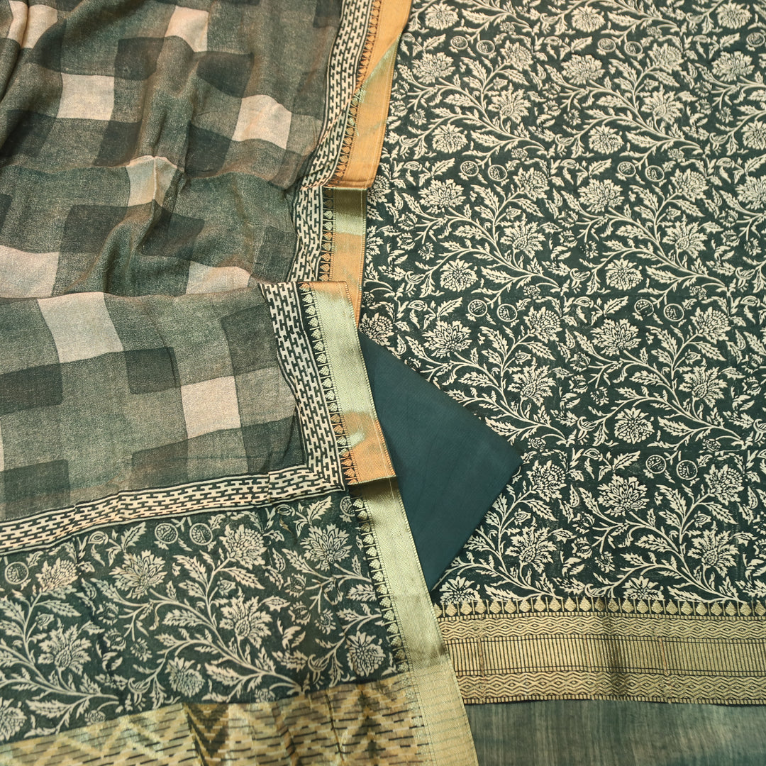Saarthi Green Floral Printed Zari Weaved Hem Assam Silk Set