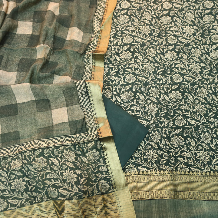 Saarthi Green Floral Printed Zari Weaved Hem Assam Silk Set