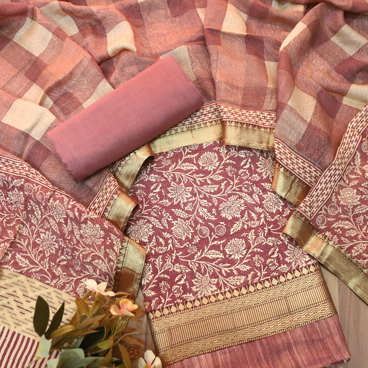 Saarthi Soft Mauve Floral Printed Zari Weaved Hem Assam Silk Set