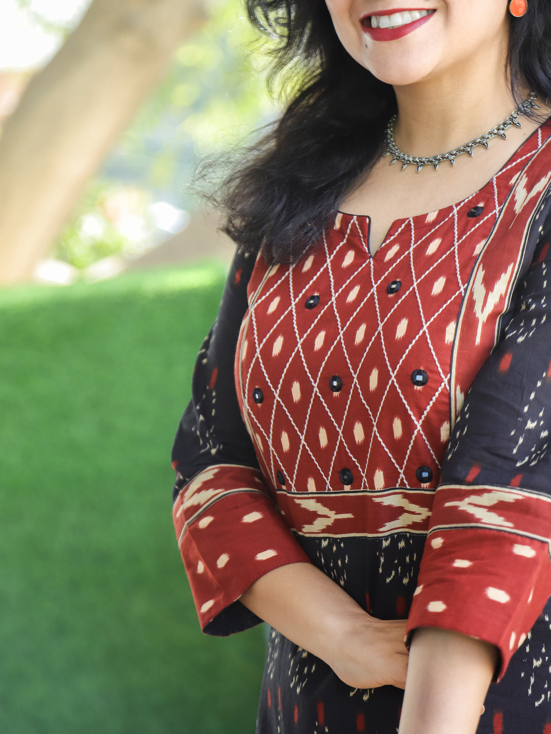Kesariya Faded Black with Barn Rust Yoke with Mirror Work Ikkat Printed Cotton Kurti