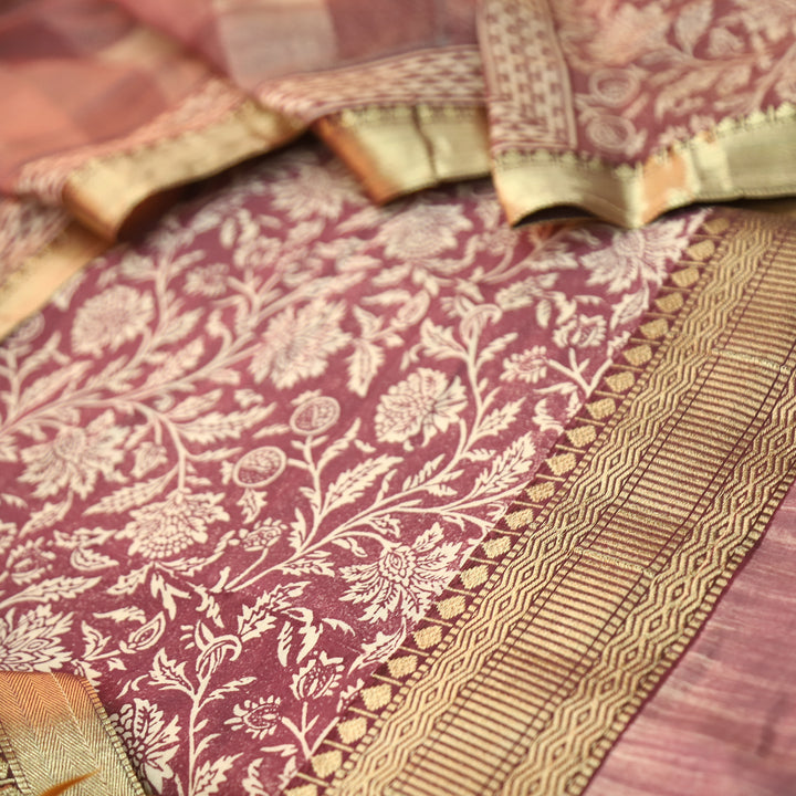 Saarthi Soft Mauve Floral Printed Zari Weaved Hem Assam Silk Set