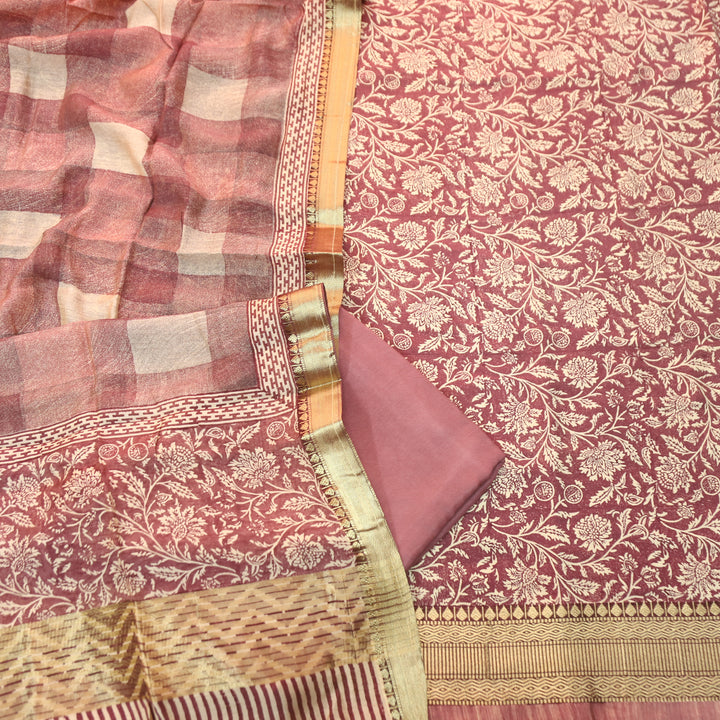 Saarthi Soft Mauve Floral Printed Zari Weaved Hem Assam Silk Set