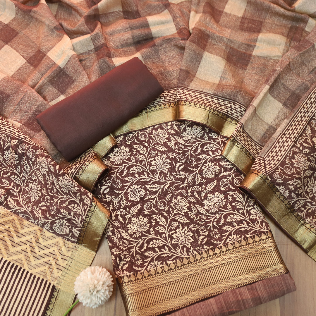Saarthi Coco Brown Floral Printed Zari Weaved Hem Assam Silk Set