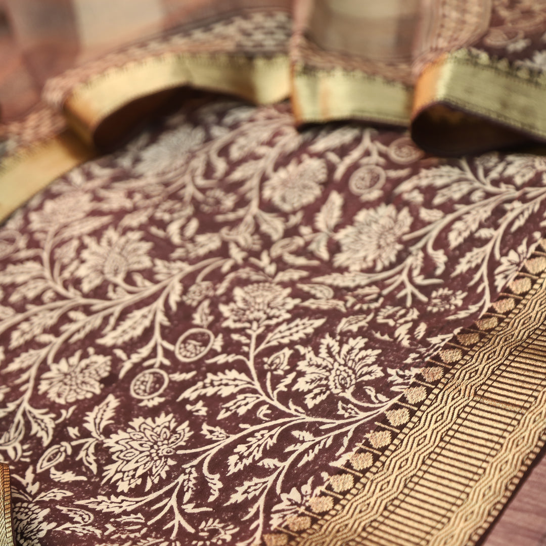 Saarthi Coco Brown Floral Printed Zari Weaved Hem Assam Silk Set