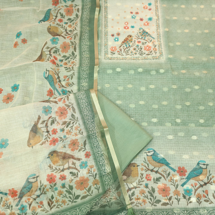 Dristhi Pista Green Moti with Thread Work in Bird Digital Printed Work Kota Doriya Set