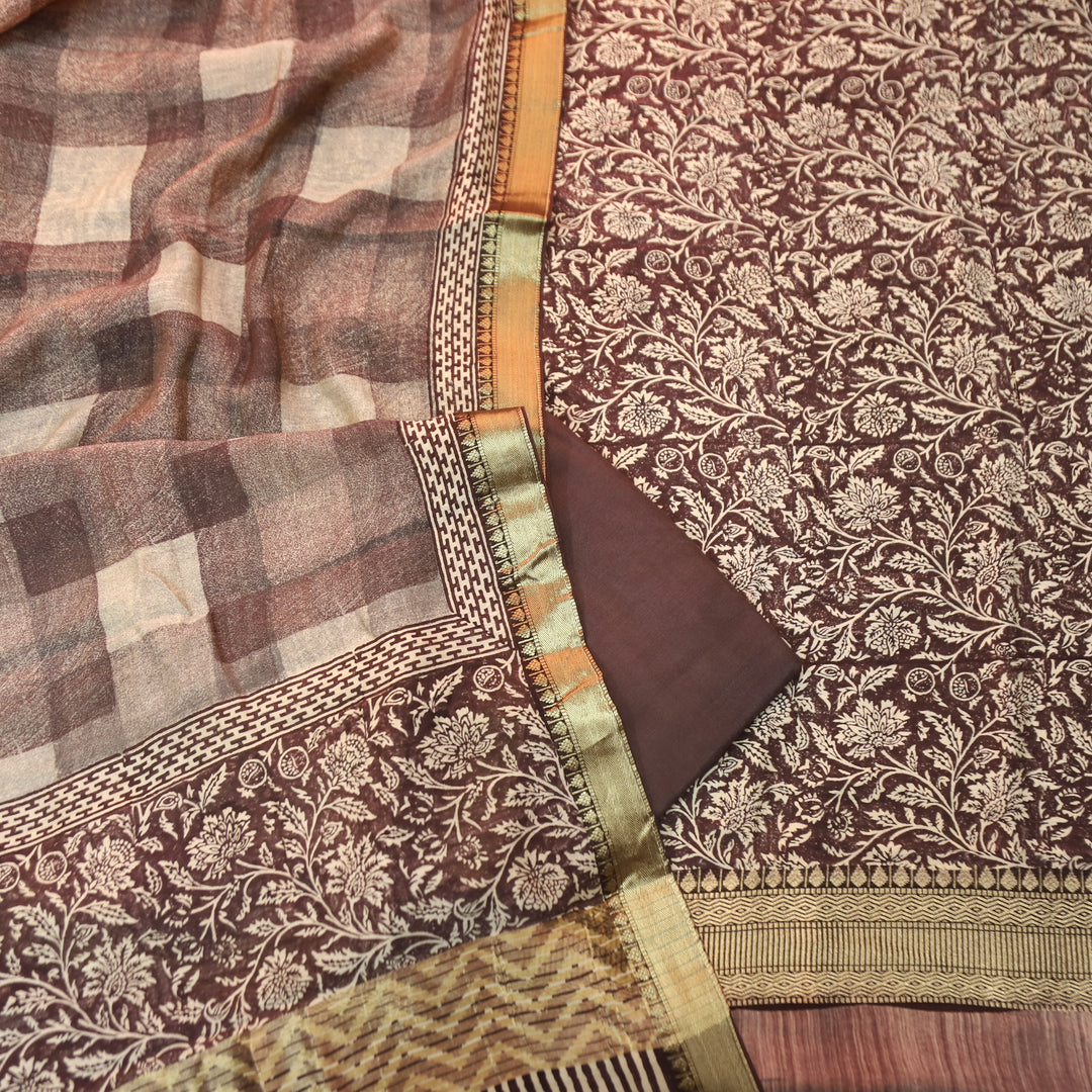 Saarthi Coco Brown Floral Printed Zari Weaved Hem Assam Silk Set