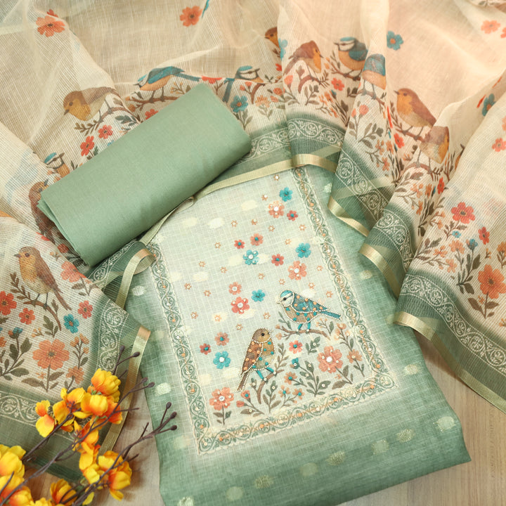 Dristhi Pista Green Moti with Thread Work in Bird Digital Printed Work Kota Doriya Set