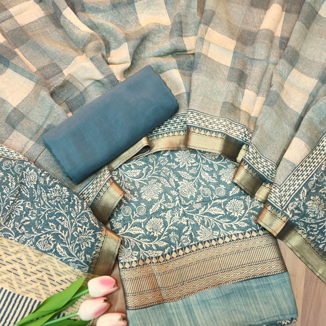 Saarthi Vintage Teal Floral Printed Zari Weaved Hem Assam Silk Set