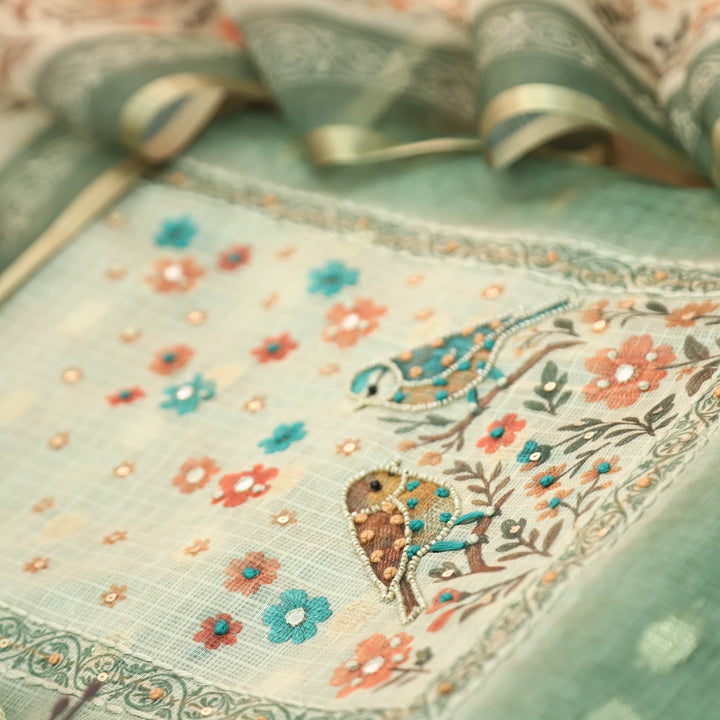 Dristhi Pista Green Moti with Thread Work in Bird Digital Printed Work Kota Doriya Set