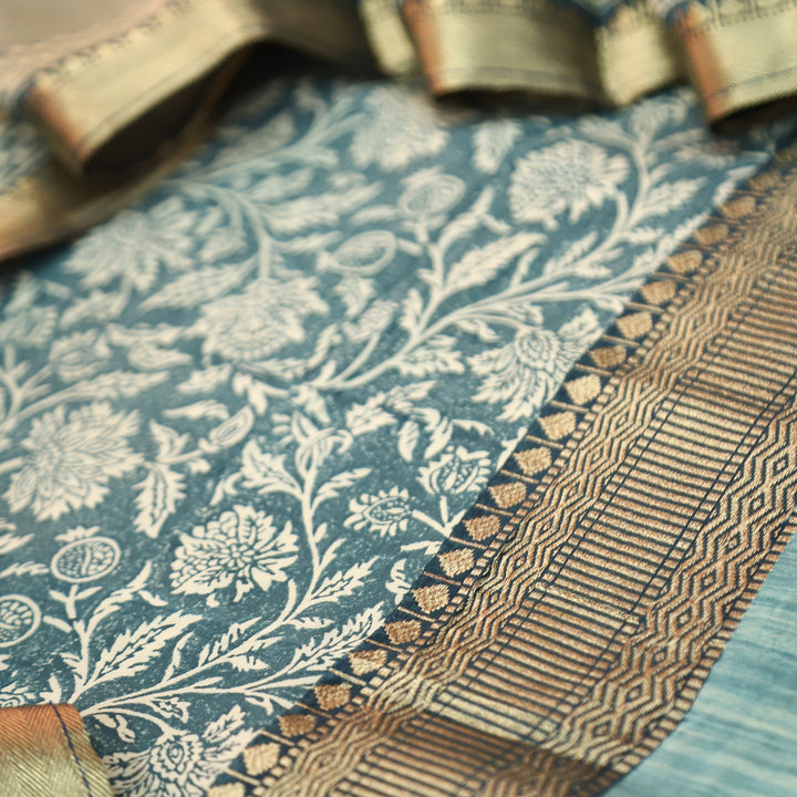 Saarthi Vintage Teal Floral Printed Zari Weaved Hem Assam Silk Set