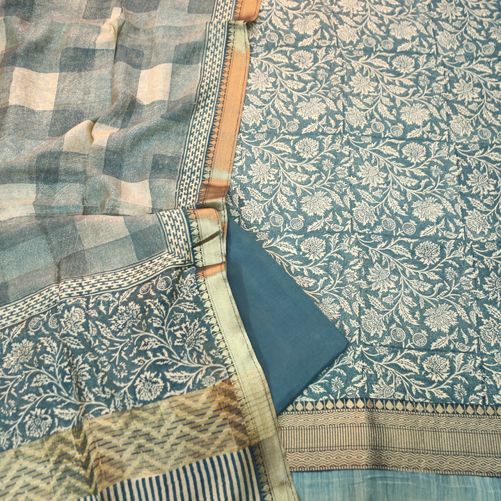 Saarthi Vintage Teal Floral Printed Zari Weaved Hem Assam Silk Set