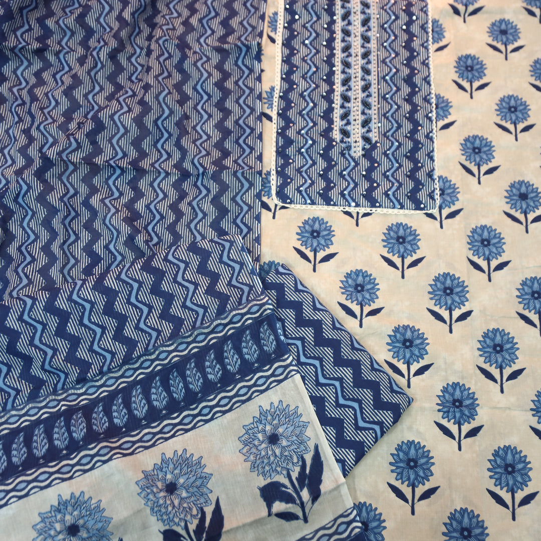 Sunaina Indigo Blue Moti Work Zig-Zag Yoke Floral Printed Cotton Set