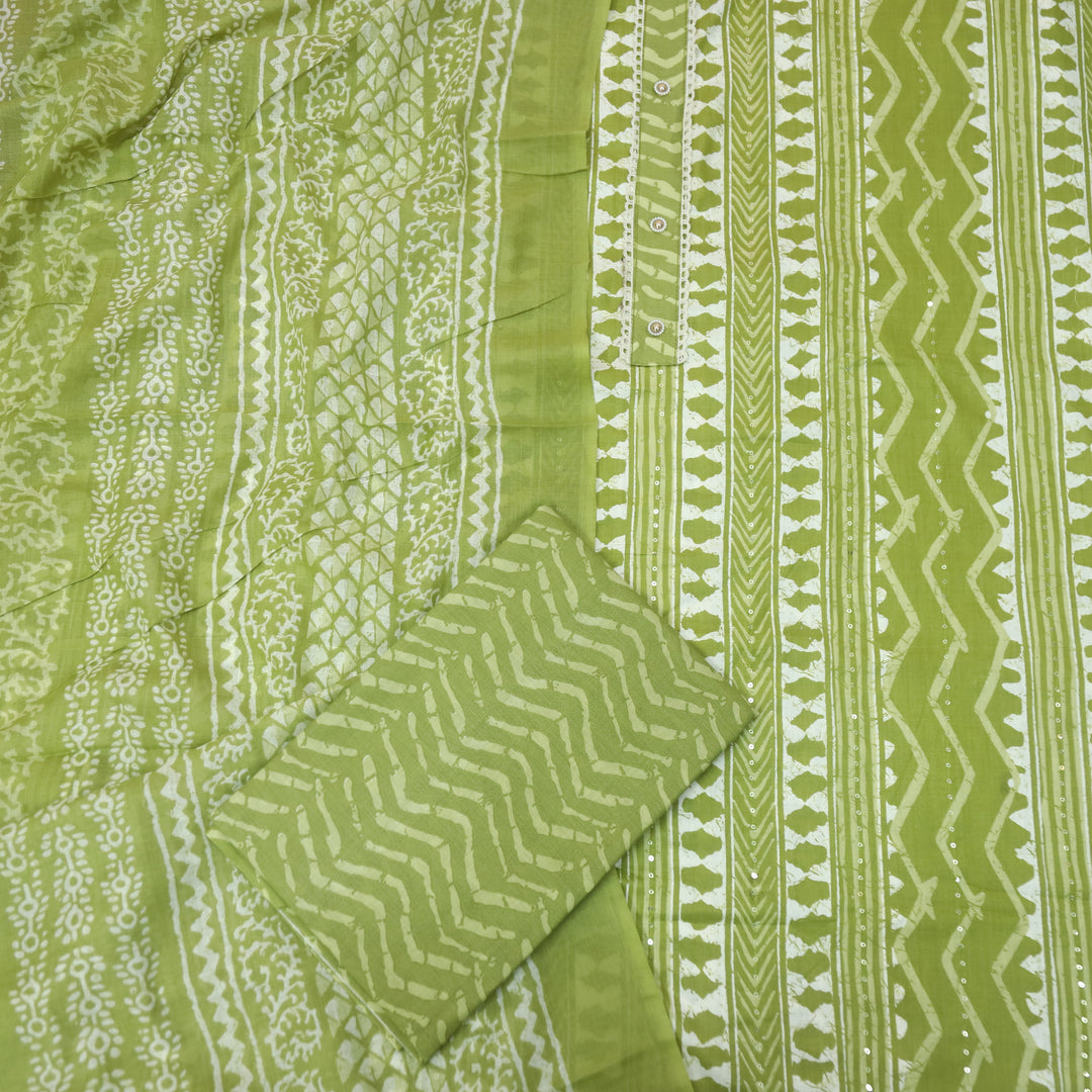 Farheen Parrot Green All Over Digital Dabu Printed Cotton Suit Set