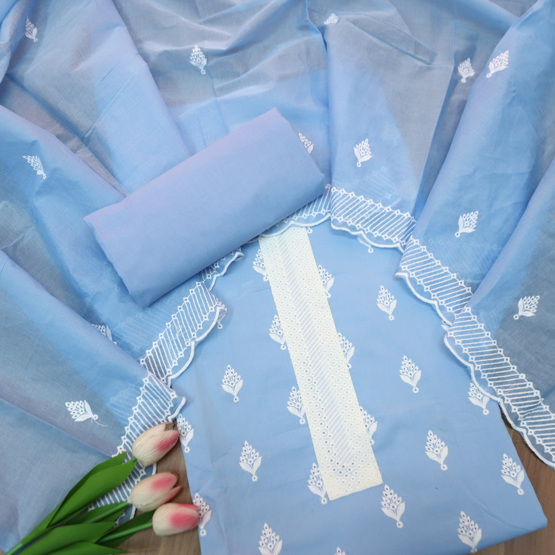 Amriti Powder Blue  Lace Patch in Cotton Schiffli Set