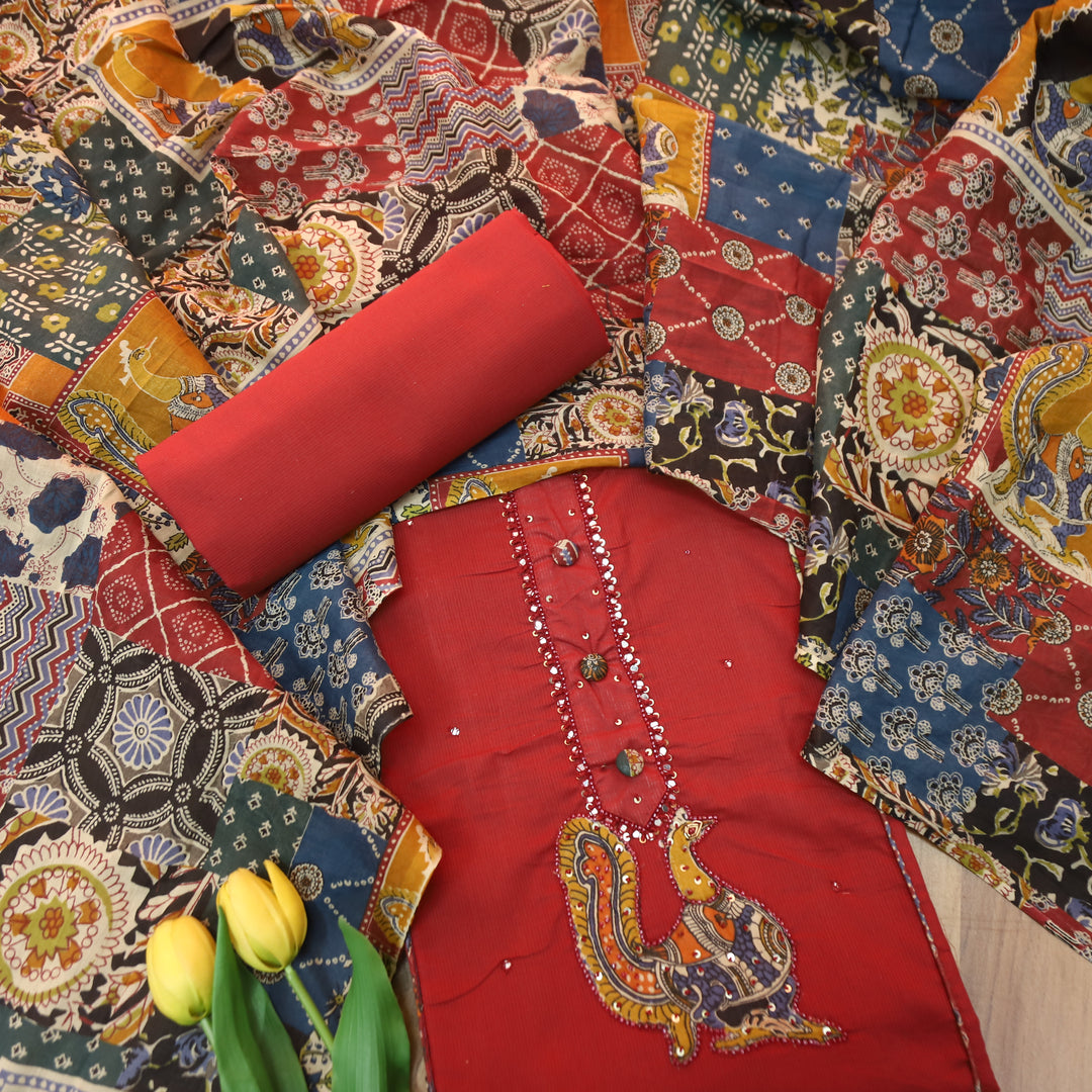 Shakshi Red Button with Moti work Side Pintuck Cotton Set