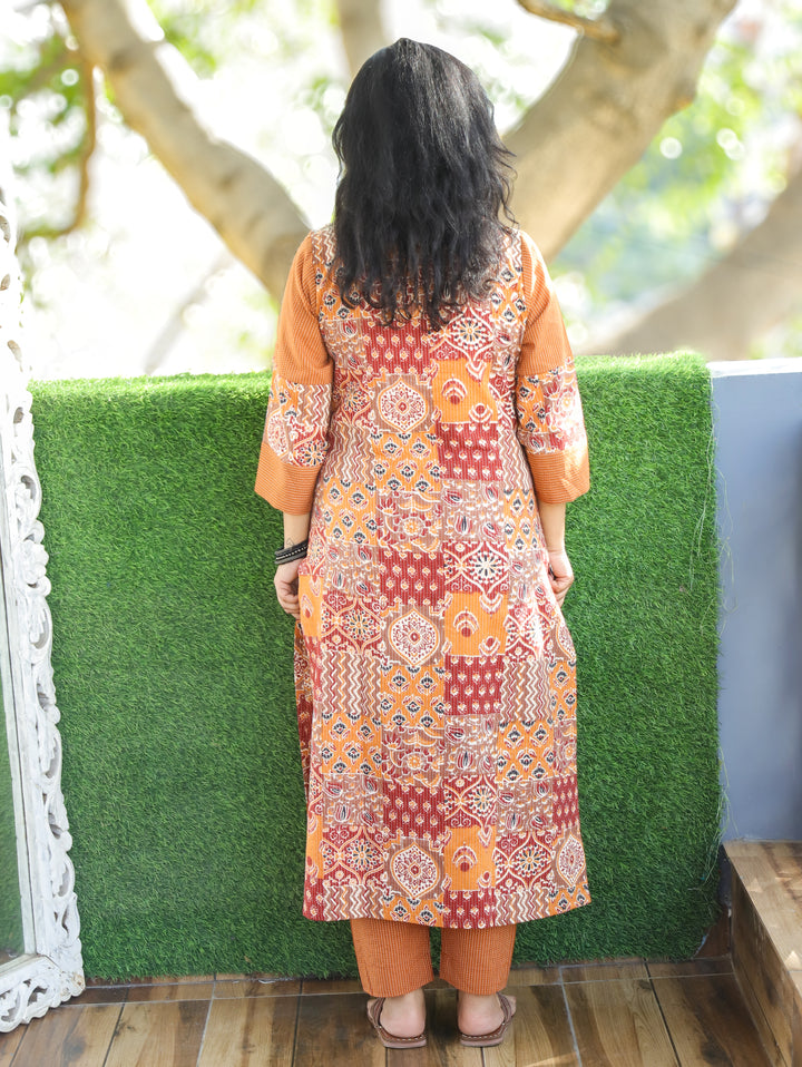 Manara Burnt Rust Ban Collar with Ajrak Patches Kantha Button Down Work Cotton Kurti