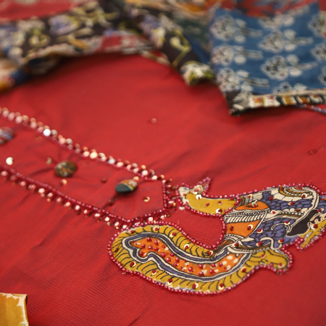 Shakshi Red Button with Moti work Side Pintuck Cotton Set