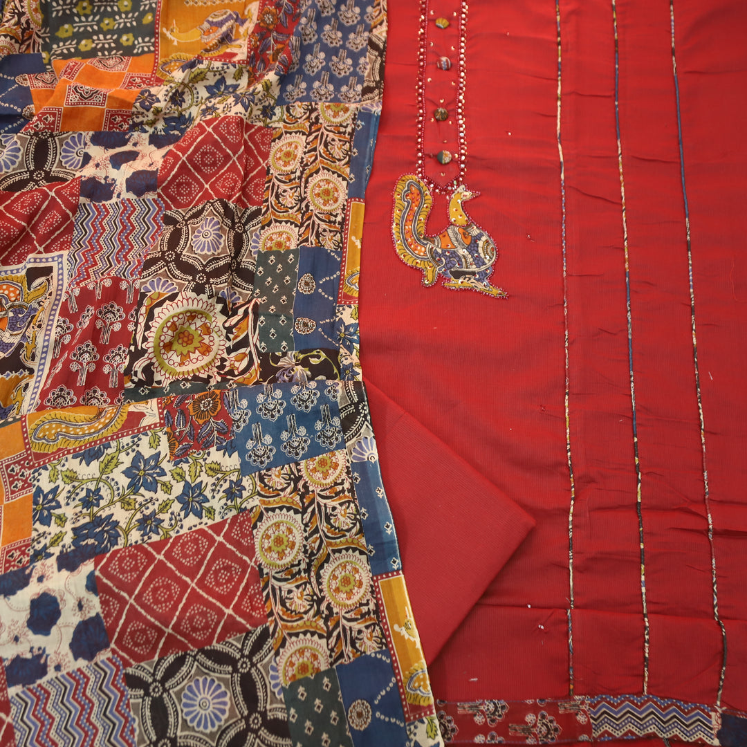 Shakshi Red Button with Moti work Side Pintuck Cotton Set