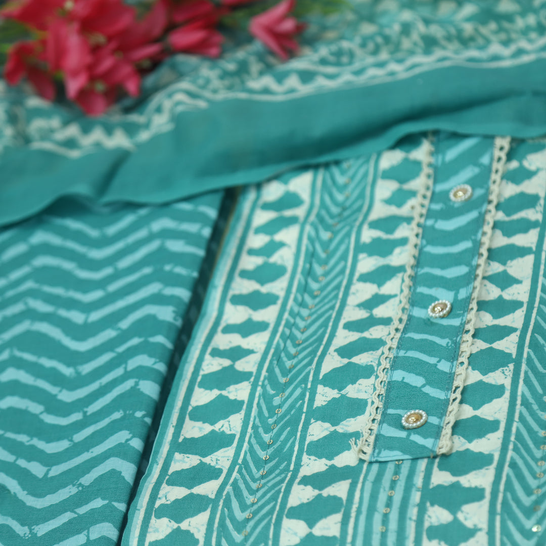 Farheen Aqua Teal All Over Digital Dabu Printed Cotton Suit Set