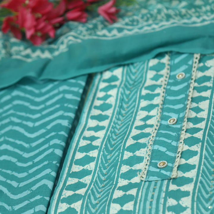 Farheen Aqua Teal All Over Digital Dabu Printed Cotton Suit Set