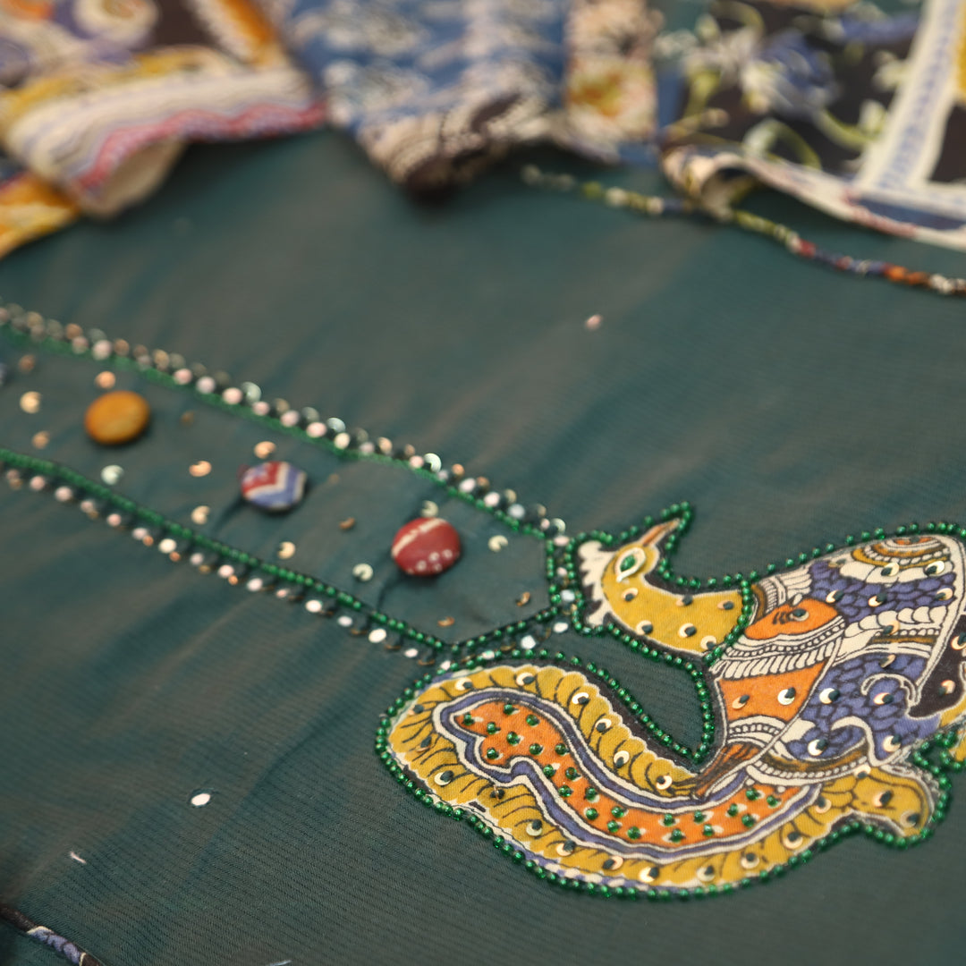 Shakshi Green Button with Moti work Side Pintuck Cotton Set