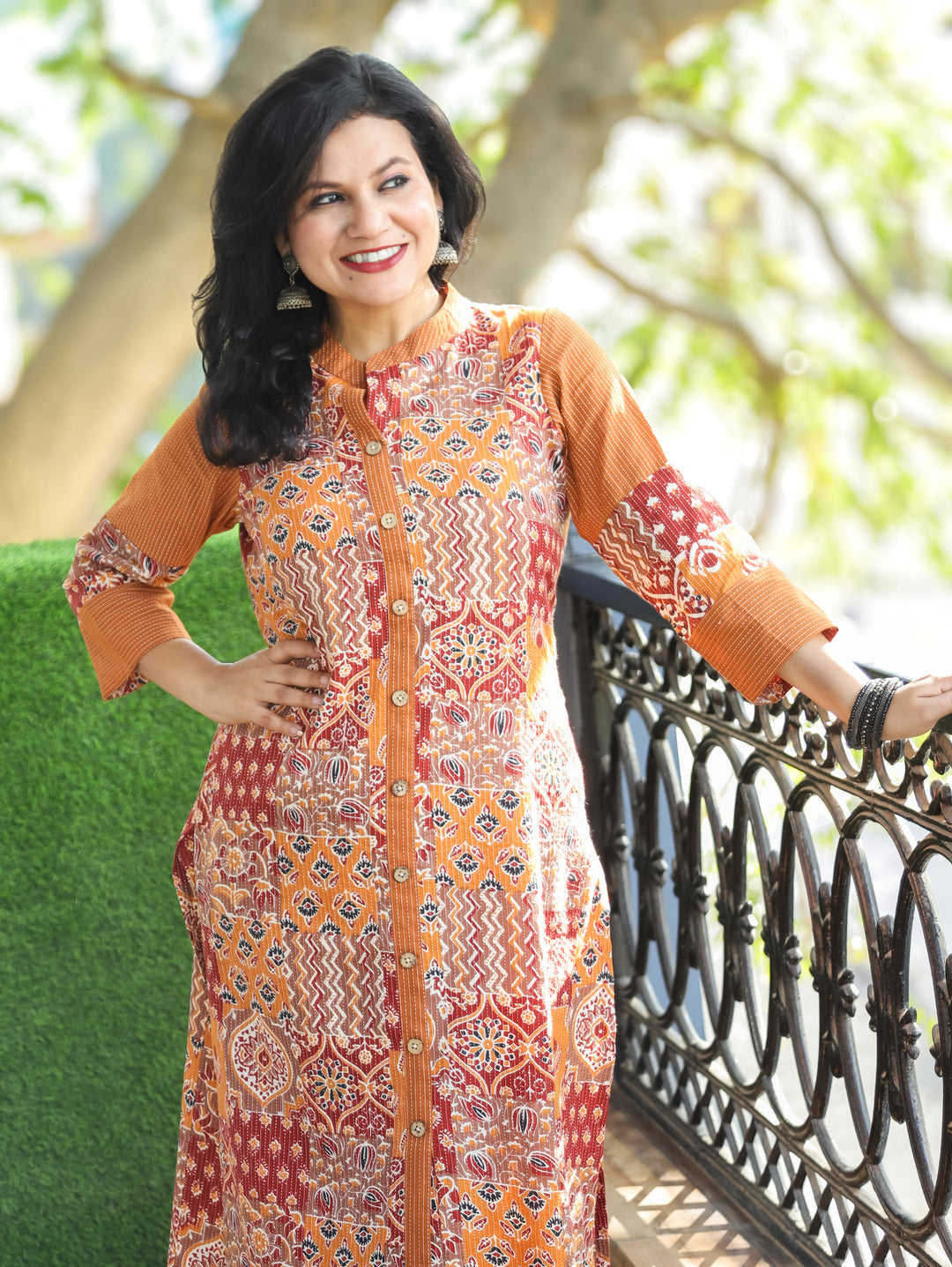 Manara Burnt Rust Ban Collar with Ajrak Patches Kantha Button Down Work Cotton Kurti