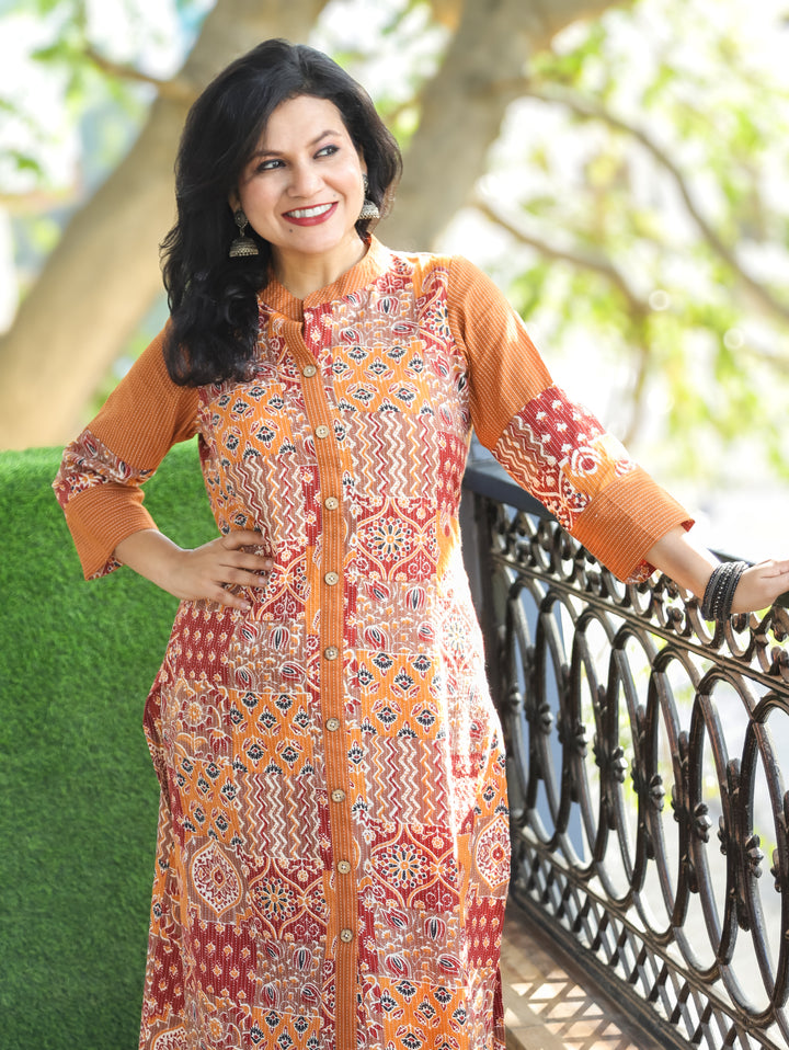 Manara Burnt Rust Ban Collar with Ajrak Patches Kantha Button Down Work Cotton Kurti
