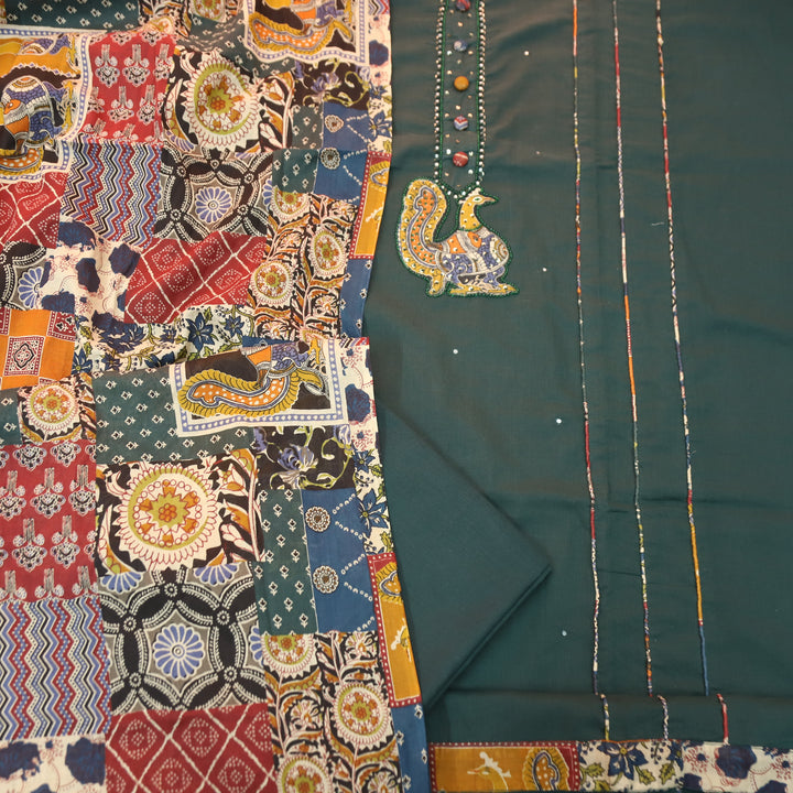 Shakshi Green Button with Moti work Side Pintuck Cotton Set