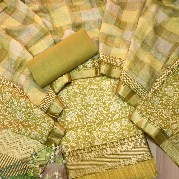 Saarthi Dijon Yellow Floral Printed Zari Weaved Hem Assam Silk Set