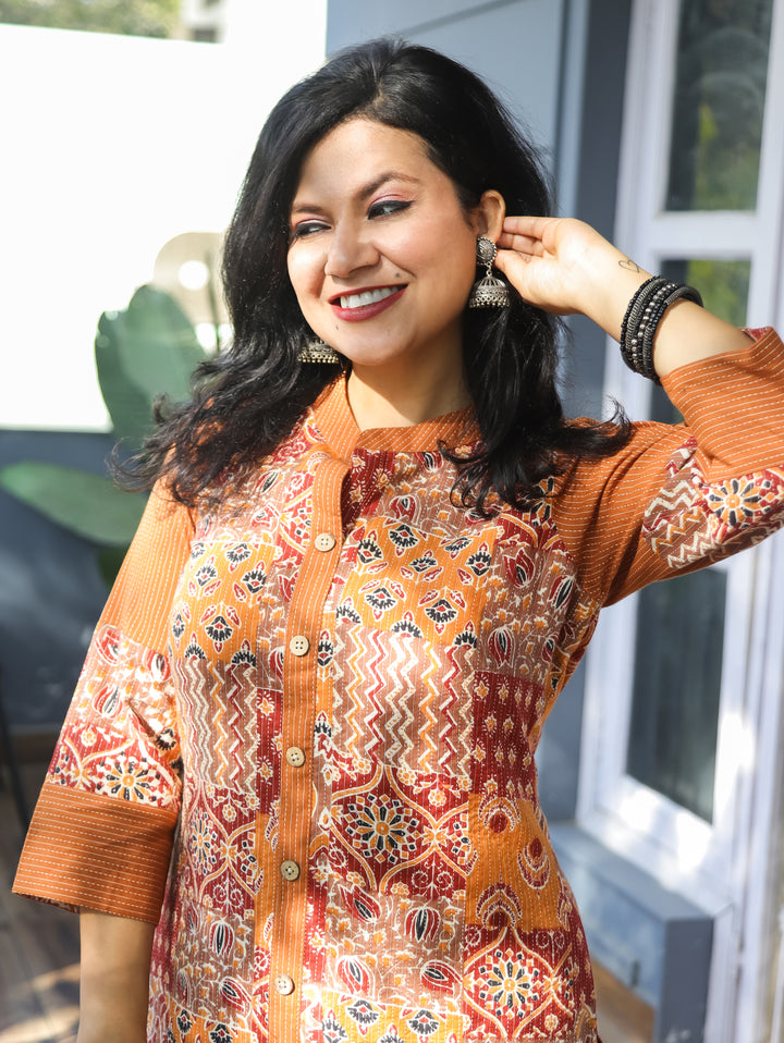 Manara Burnt Rust Ban Collar with Ajrak Patches Kantha Button Down Work Cotton Kurti