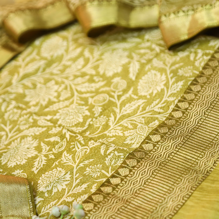 Saarthi Dijon Yellow Floral Printed Zari Weaved Hem Assam Silk Set