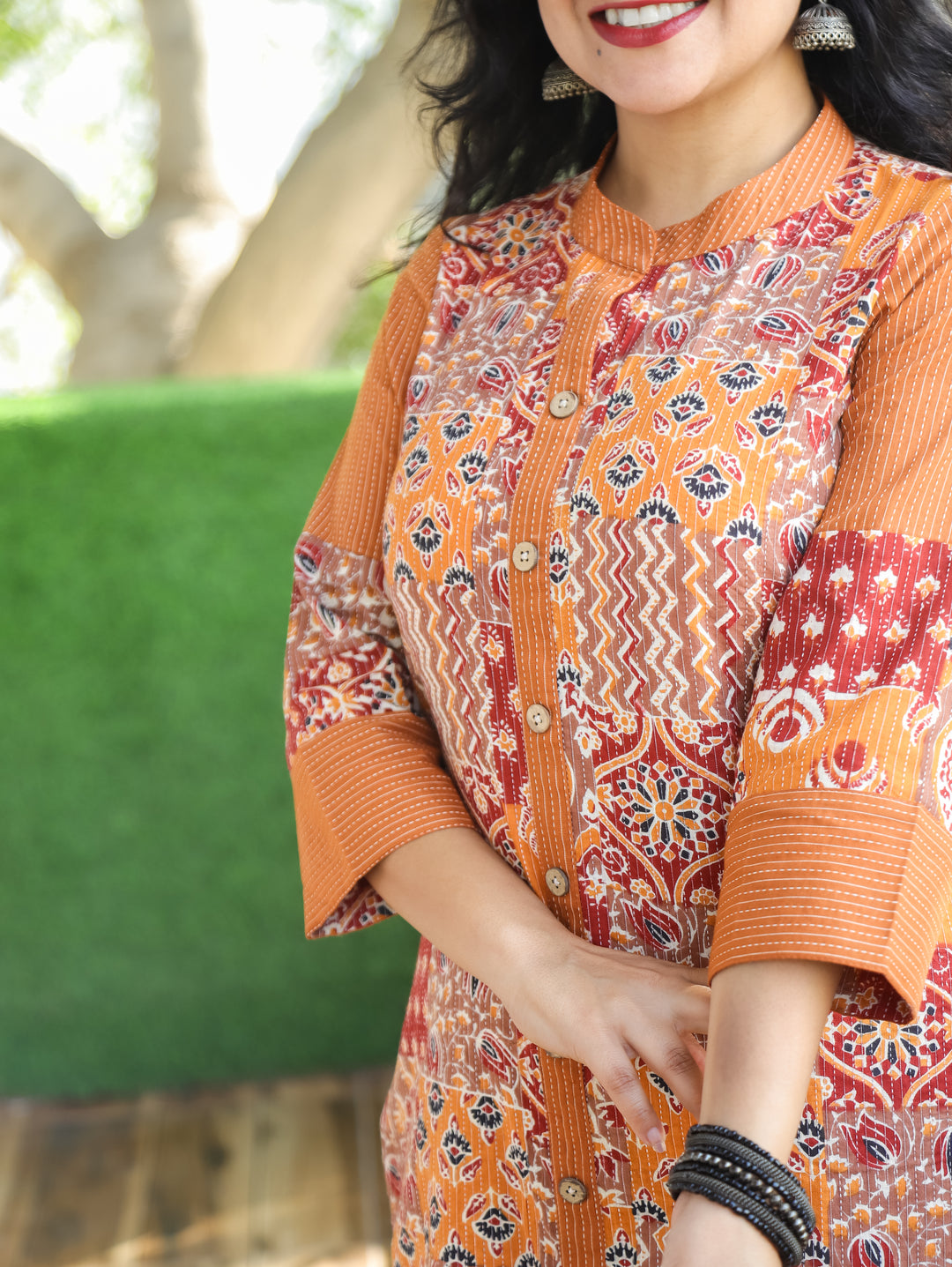 Manara Burnt Rust Ban Collar with Ajrak Patches Kantha Button Down Work Cotton Kurti