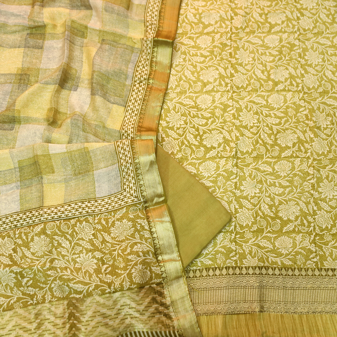 Saarthi Dijon Yellow Floral Printed Zari Weaved Hem Assam Silk Set