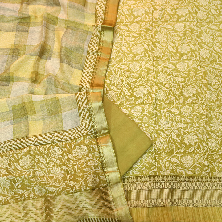 Saarthi Dijon Yellow Floral Printed Zari Weaved Hem Assam Silk Set