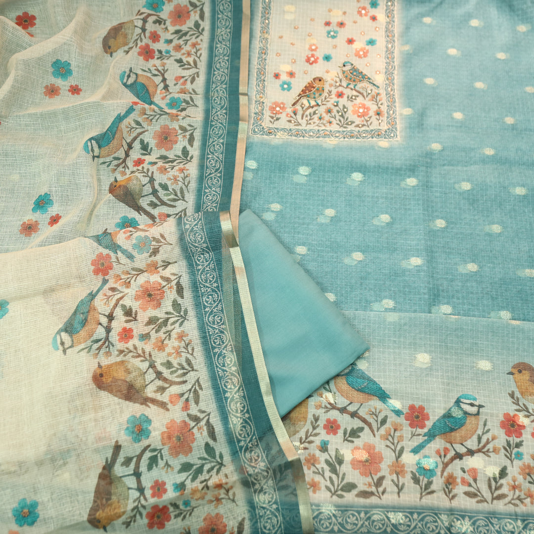 Dristhi Azure Blue Moti with Thread Work in Bird Digital Printed Work Kota Doriya Set