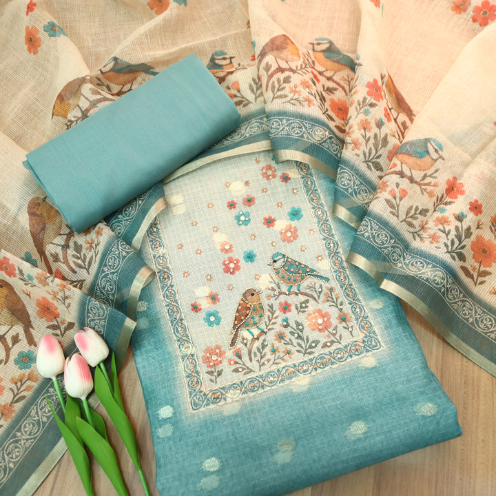 Dristhi Azure Blue Moti with Thread Work in Bird Digital Printed Work Kota Doriya Set