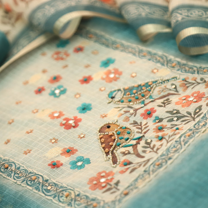 Dristhi Azure Blue Moti with Thread Work in Bird Digital Printed Work Kota Doriya Set