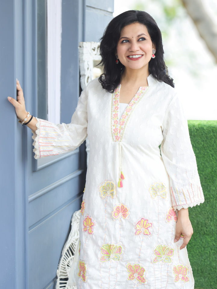 Luna White V Neck Embroidered Cotton Co-ord Set