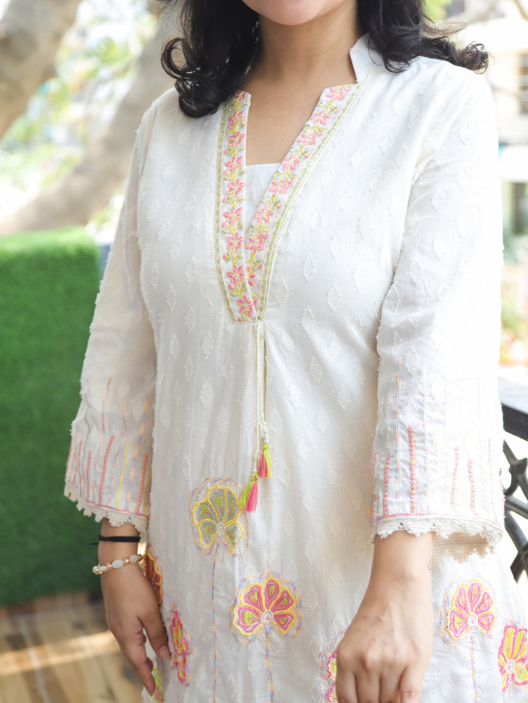 Luna White V Neck Embroidered Cotton Co-ord Set