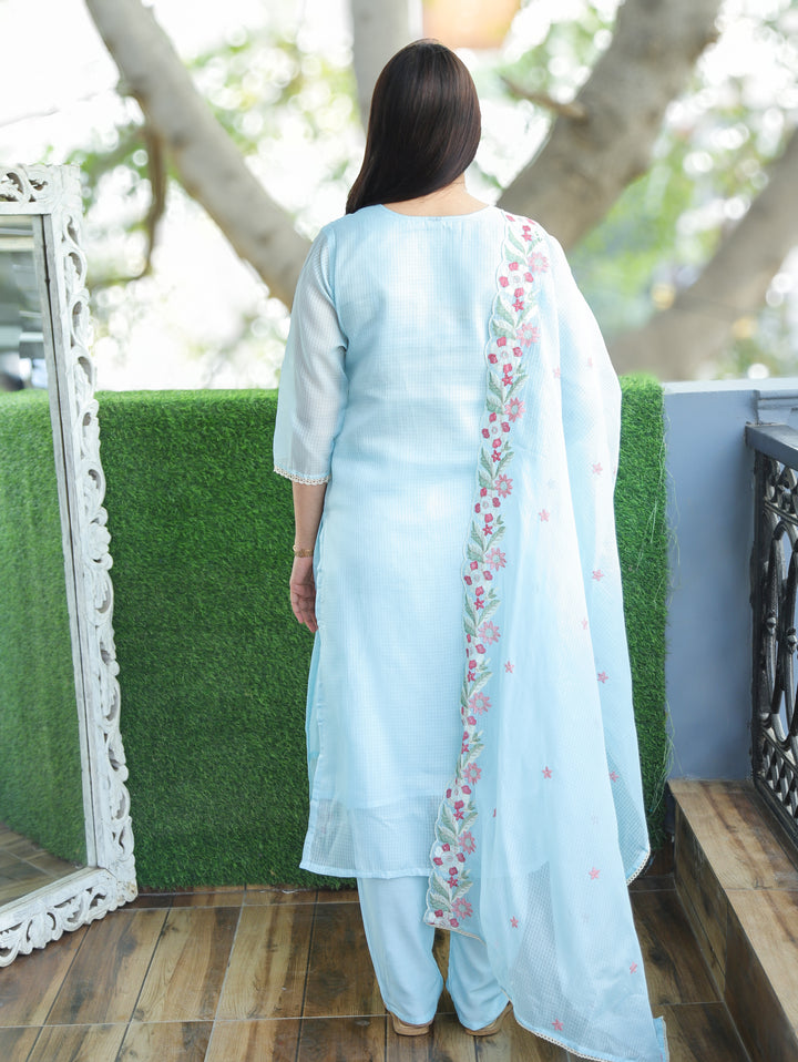 Rupali Powder Blue Floral Style Embroidered V Neck Work Kota Doriya 3 Piece Set