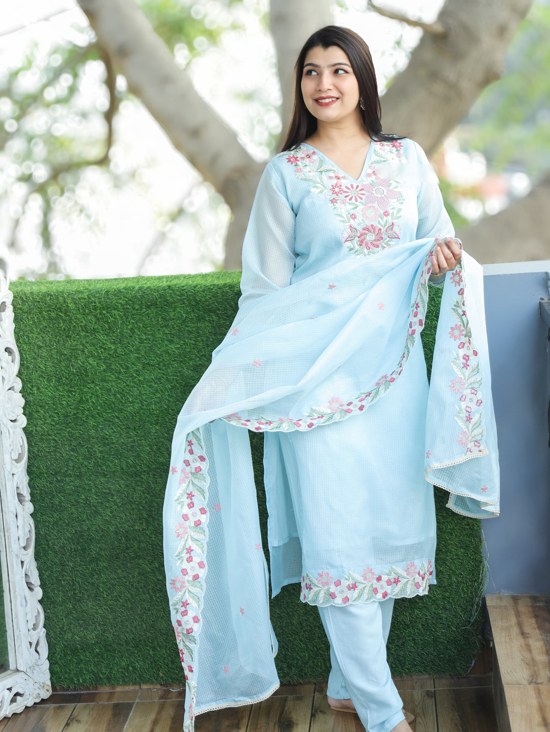 Rupali Powder Blue Floral Style Embroidered V Neck Work Kota Doriya 3 Piece Set