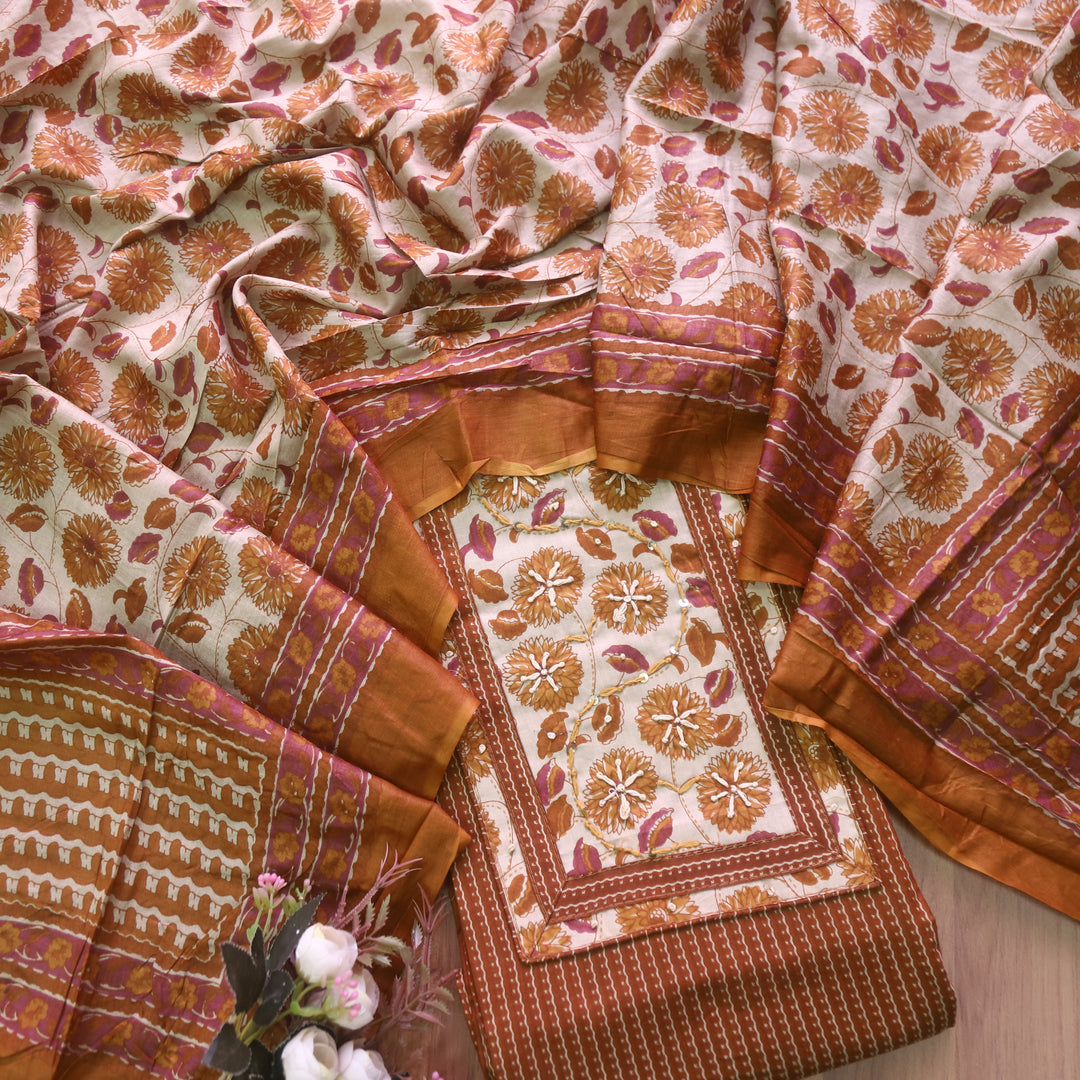 Ravaniya Mustard Brown Kantha Work Patch Neck Work Printed Cotton Suit Set D2
