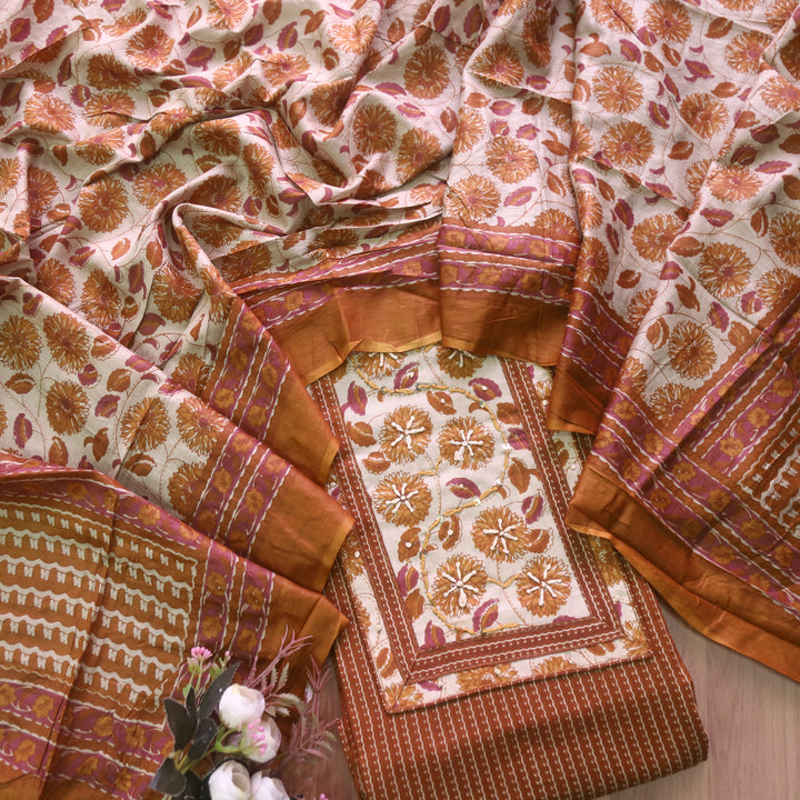 Ravaniya Mustard Brown Kantha Work Patch Neck Work Printed Cotton Suit Set D2