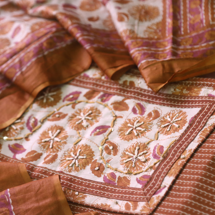 Ravaniya Mustard Brown Kantha Work Patch Neck Work Printed Cotton Suit Set D2