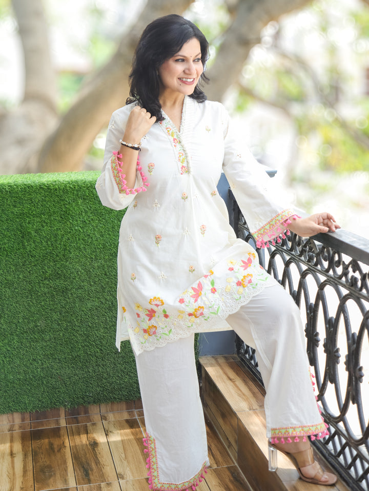 Luna Shell White Embroidered Cotton Co-ord Set
