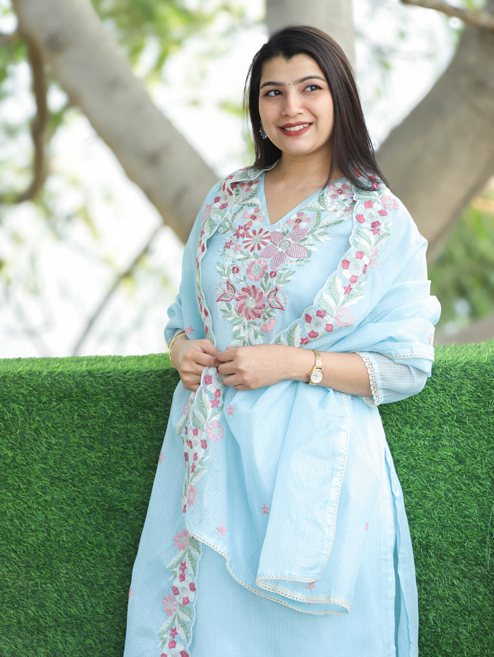 Rupali Powder Blue Floral Style Embroidered V Neck Work Kota Doriya 3 Piece Set