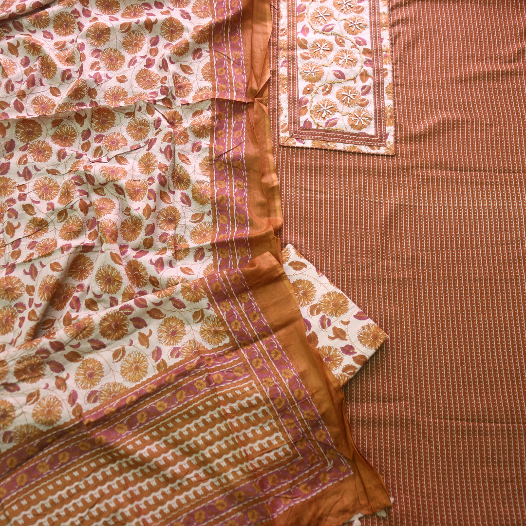 Ravaniya Mustard Brown Kantha Work Patch Neck Work Printed Cotton Suit Set D2