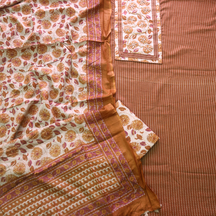 Ravaniya Mustard Brown Kantha Work Patch Neck Work Printed Cotton Suit Set D2
